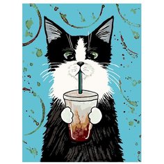 Картина по номерам, "Живопись по номерам", 30 x 40, A289, кот, напиток, трубочка, лимонад, кофе