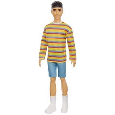 Кукла Barbie Игра с модой Кен DWK44 брюнет в полосатом лонгсливе и голубых шортрах