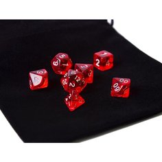 Набор многогранных кубиков для ролевых игр, мини (8-12 мм), прозрачные, рубиновые + мешочек бархатный черный Правильные игры