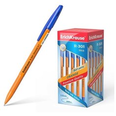 Ручка шариковая ErichKrause R-301 Orange Stick, узел 0.7 мм, чернила синие, длина линии письма 2000 метров, штрихкод на ручке