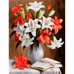 Картина по номерам Белоснежка "Лилии" / Раскраска / Холст на подрамнике 30х40 см. / Цветы / Букет в вазе / Натюрморт