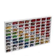 Полка для машинок Hot Wheels 72 ячейки для 1:64. В сборе белая, горизонтальная