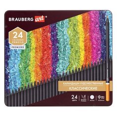 Карандаши цветные художественные BRAUBERG ART PREMIERE 24 цвета мягкий грифель 4 мм металл, 1 шт