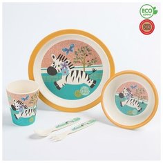 Набор детской бамбуковой посуды «Зебра», тарелка, миска, стакан, приборы, 5 предметов Noname