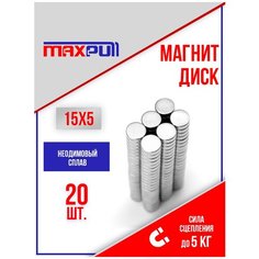 Магниты 15х5 мм MaxPull диски NdFeB набор 20 шт. в тубе