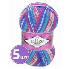 Пряжа для вязания крючком, спицами Alize Ализе Superwash100, тонкая/шерсть/полиамид, цвет 7654, сине-бирюзово-бело-фуксия, 5 шт. по 100 г, 420 м
