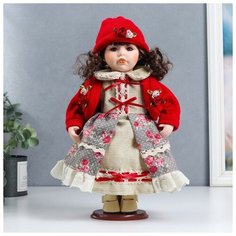 --- Кукла коллекционная керамика "Лиза в платье с цветами, в красном жакете" 30 см
