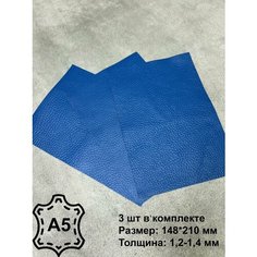 Натуральная кожа 3 листа, флотер синий, кожа для рукоделия, А5, 3 шт в комплекте Нет бренда