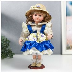 Кукла коллекционная керамика Алиса в синем платье с цветами, в соломенной шляпке 30 см Нет бренда