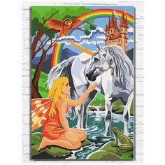 Картина по номерам на холсте Сказочный мир (единорог, фея, радуга) - 9051 В 60x40