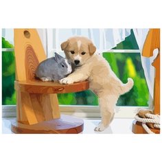 Картина по номерам на холсте щенок с кроликом (собака, заяц) - 8873 Г 60x40