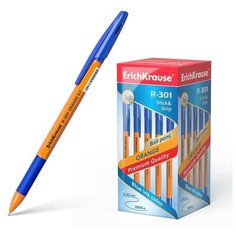 Ручка шариковая, Erich Krause, R-301, Orange Stick & Grip, узел 0.7 мм, чернила синие, 1 набор
