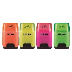 Точилка пластиковая с ластиком Milan "Compact Fluo", 2 отверстия, контейнер, ассорти