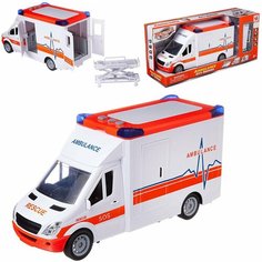 Машинка "Скорая помощь", с открывающими дверцами, складной каталкой для перевозки больного, со световыми и звуковыми эффектами, 39x12x18 Китай