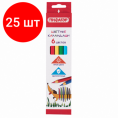 Комплект 25 шт, Карандаши цветные пифагор "Веселая такса", 6 цветов, классические, заточенные, 181805
