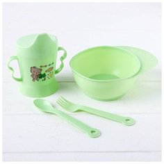 Набор детской посуды, 4 предмета: миска, ложка, вилка, поильник с твёрдым носиком 200 мл, цвета микс Крошка Я