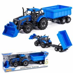 Трактор Полесье Прогресс, с прицепом и ковшом, синий, в коробке инерционный (91833)