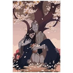 Картина по номерам на холсте Девушка и статуя (Япония, Сакура, Череп) - 7602 В 60x40