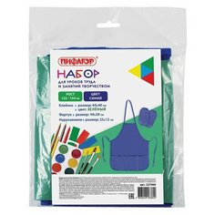 Набор для уроков труда Пифагор, клеенка ПВХ зеленая 69х40см, фартук и нарукавники синие, 15шт. (227060)