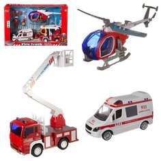 Игровой набор Junfa Служба спасения (пожарная машина, скорая помощь, вертолет, аксессуары), со свето