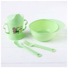 Набор детской посуды, 4 предмета: миска, ложка, вилка, поильник с твёрдым носиком 200 мл, цвета Нет бренда