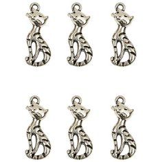 Подвеска, кошка, длина - 26 мм, ширина - 10 мм, толщина - 2 мм, диаметр отверстия - 1,8 мм, материал: сплав олова с покрытием старинное серебро, 6 шт. Нет бренда