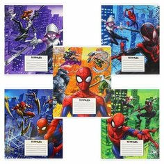 Тетрадь 24 листа, 5 штук, микс, клетка, тиснение, Человек-паук Marvel