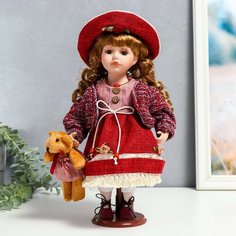 Кукла коллекционная керамика "Элла в бордовом платье, шляпе и с мишкой" 30 см Россия