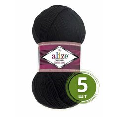 Пряжа Alize Superwash 100 (Ализе Супервош) - 5 мотков, цвет: черный (60), 75% шерсть супервош, 25% полиамид, 420м/100г