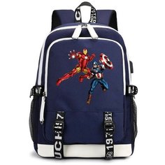 Рюкзак Железный человек и Капитан Америка (Avengers) синий с USB-портом №7 Noname