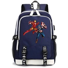 Рюкзак Железный человек и Капитан Америка (Avengers) синий с USB-портом №7 Noname