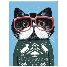Картина по номерам, "Живопись по номерам", 60 x 80, A315, котёнок, очки, свитер, олени, Новый год, умный взгляд