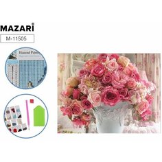 Алмазная мозаика вышивка Букет розы в вазе Mazari 20 х 25 см холст, полная выкладка, цветы розовые, букет цветов пастель