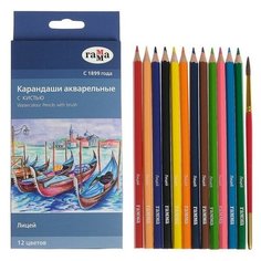 Карандаши цветные акварельные 12 цветов, с кистью, шестигранные Gamma