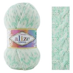 Пряжа для вязания Alize Verona Colormix (Ализе Верона Колормикс)- 2 мотка 7710 белый с мятой, гипоаллергеная для детских вещей, 100% акрил 210м/100г