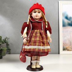 Кукла коллекционная керамика "Марина в бордовом платье в клетку" 40 см Без бренда