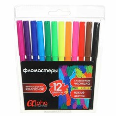 Фломастеры 12цветов "Альфа", с цв. вент. колпачком, большие, смываемые, пластик, премиум Clipstudio