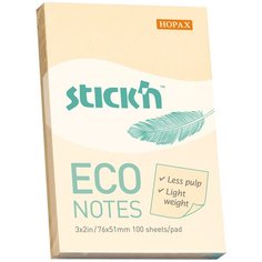 Блок самоклеящийся бумажный Stick n ECO 21741 размер 51x76 мм, 100 листов, 60 г/м2, цвет пастель желтый, коробка 144 шт. (412350) Stickn