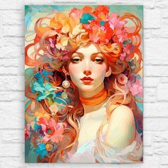 Картина по номерам на холсте девушка (осень, цветы, Альфонс Муха, женщина) - 12568 В 30x40 Бруталити