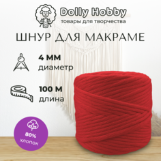 Шнур для макраме 80% хлопок 100м/ 4мм/ Красный/ Нитки для плетения панно Dolly