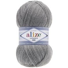 Пряжа Alize Lanagold 800 (Ланаголд) 21 серый меланж 49% шерсть, 51% акрил 100г 800м 2шт