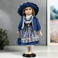 Кукла коллекционная керамика Стася в синем полосатом платье и синей куртке 40 см Denco Store