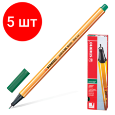 Комплект 5 шт, Ручка капиллярная (линер) STABILO "Point 88", зеленовато-бирюзовая, корпус оранжевый, линия письма 0.4 мм, 88/53