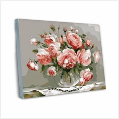 Картина по номерам "Розы в стеклянной вазе" 40x50, холст на подрамнике. Живопись, рисование, раскраска натюрморт, цветы Colibri