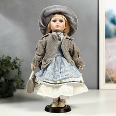 Кукла коллекционная керамика Лиза в голубом кружевном платье и серой курточке 40 см Denco Store