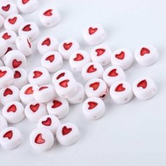 Бусины белые с красными сердечками для рукоделия и создания украшений для браслетов и бус, 50 шт Periwinkle