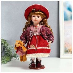Кукла коллекционная керамика "Элла в бордовом платье, шляпе и с мишкой" 30 см Нет бренда