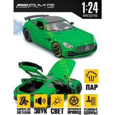 С имитацией выхлопа машинка Mercedes-AMG GT Мерседес (1:24) 21 см, металл, инерция, открываются двери, капот и багажник, свет и звук, зеленая CH Toys