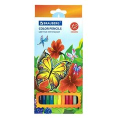 Карандаши цветные BRAUBERG "Wonderful butterfly" 12 цветов заточенные картонная упаковка с блестками, 6 шт
