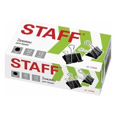 Комплект 24 шт, Зажимы для бумаг STAFF "EVERYDAY", комплект 12 шт, 32 мм, на 140 листов, черные, картонная коробка, 224608